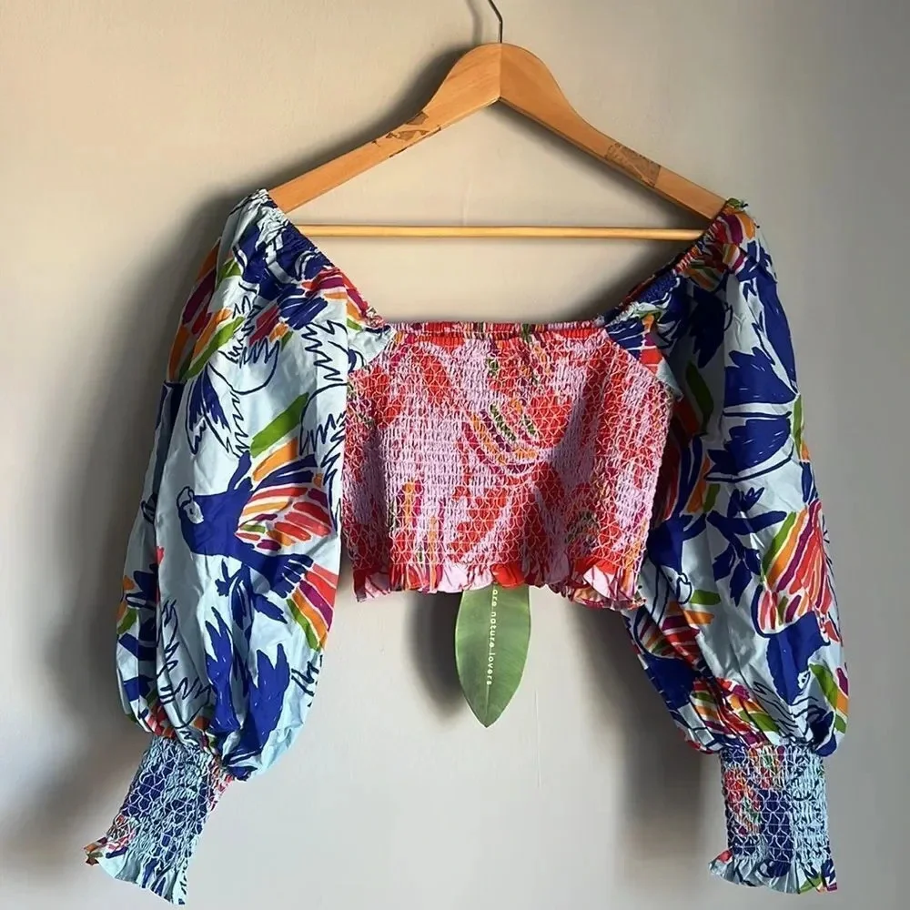 NEW Farm Rio Mixed Birds Puff-Sleeve Smocked Crop Top